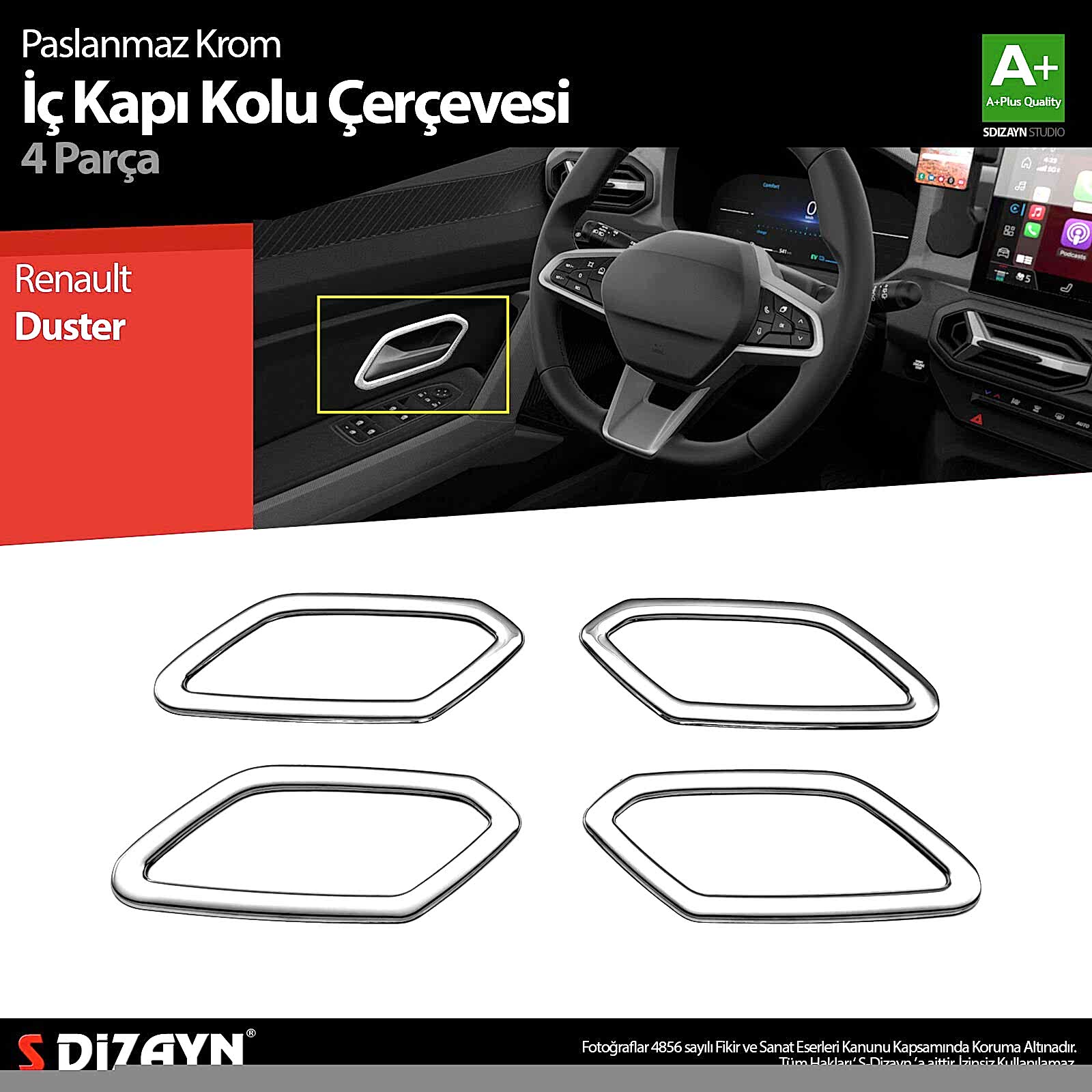 S-Dizayn Renault Duster Krom İç Kapı Kolu Çerçevesi 4 Prç 2024 Üzeri A+ Kalite