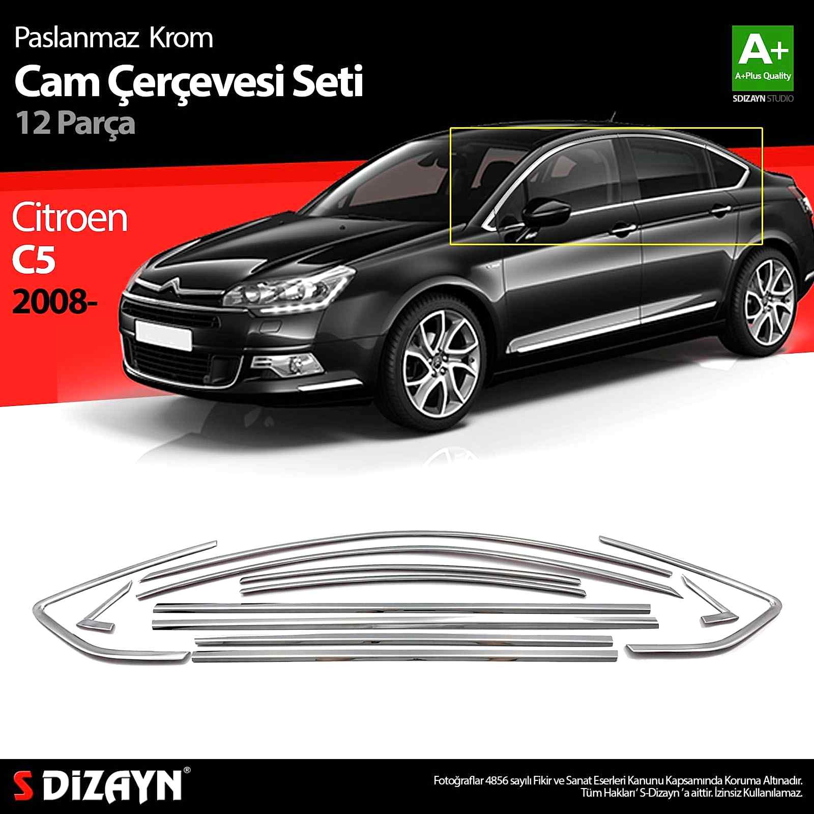 Citroen C5 Uyumlu Krom Cam Çerçeve Seti 12 Parça 2008 Üzeri (Bütün-Formlu)