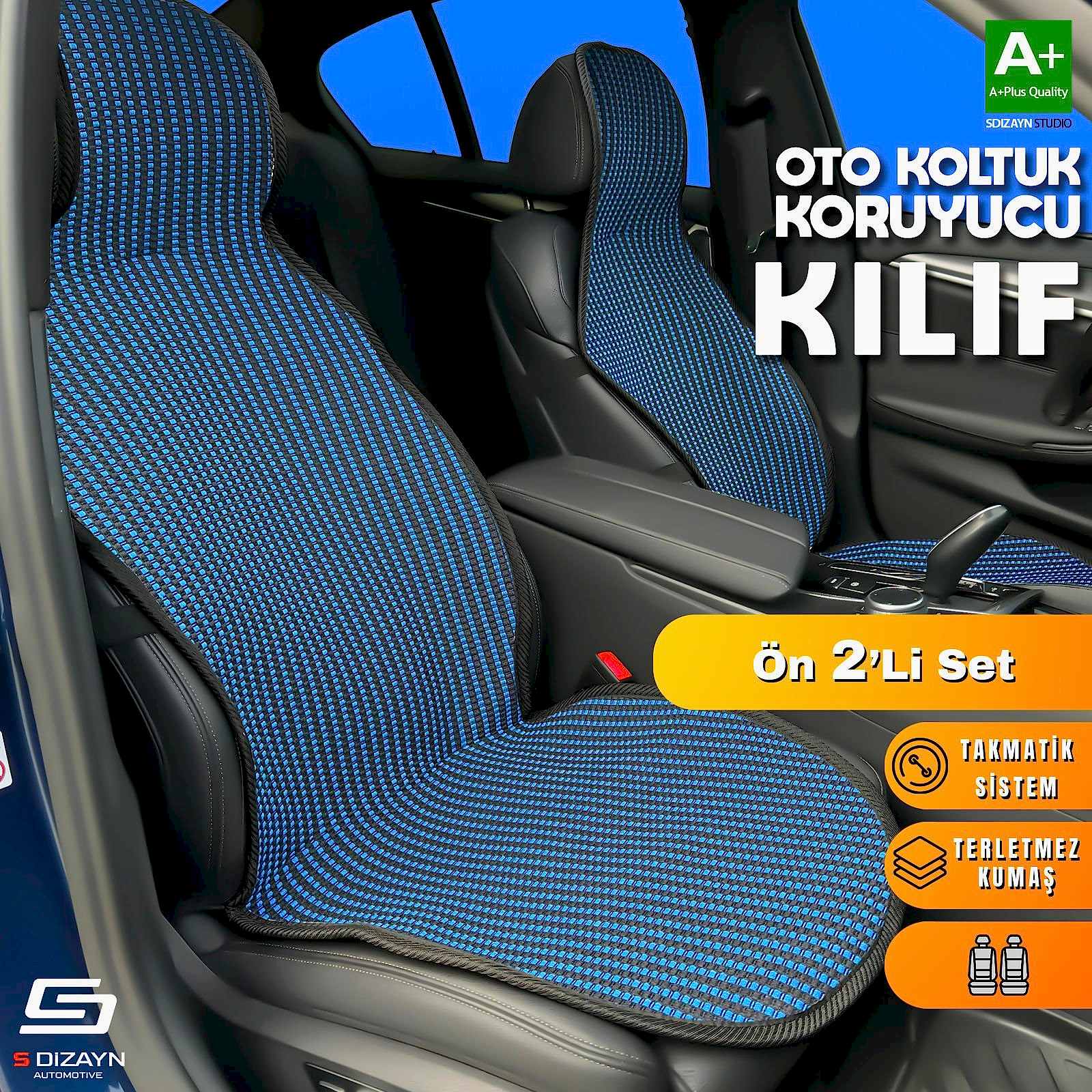 S-Dizayn Oto Koltuk Koruyucu Kılıf Çizgili Siyah Mavi Universal 2 Parça Ön A+ Kalite