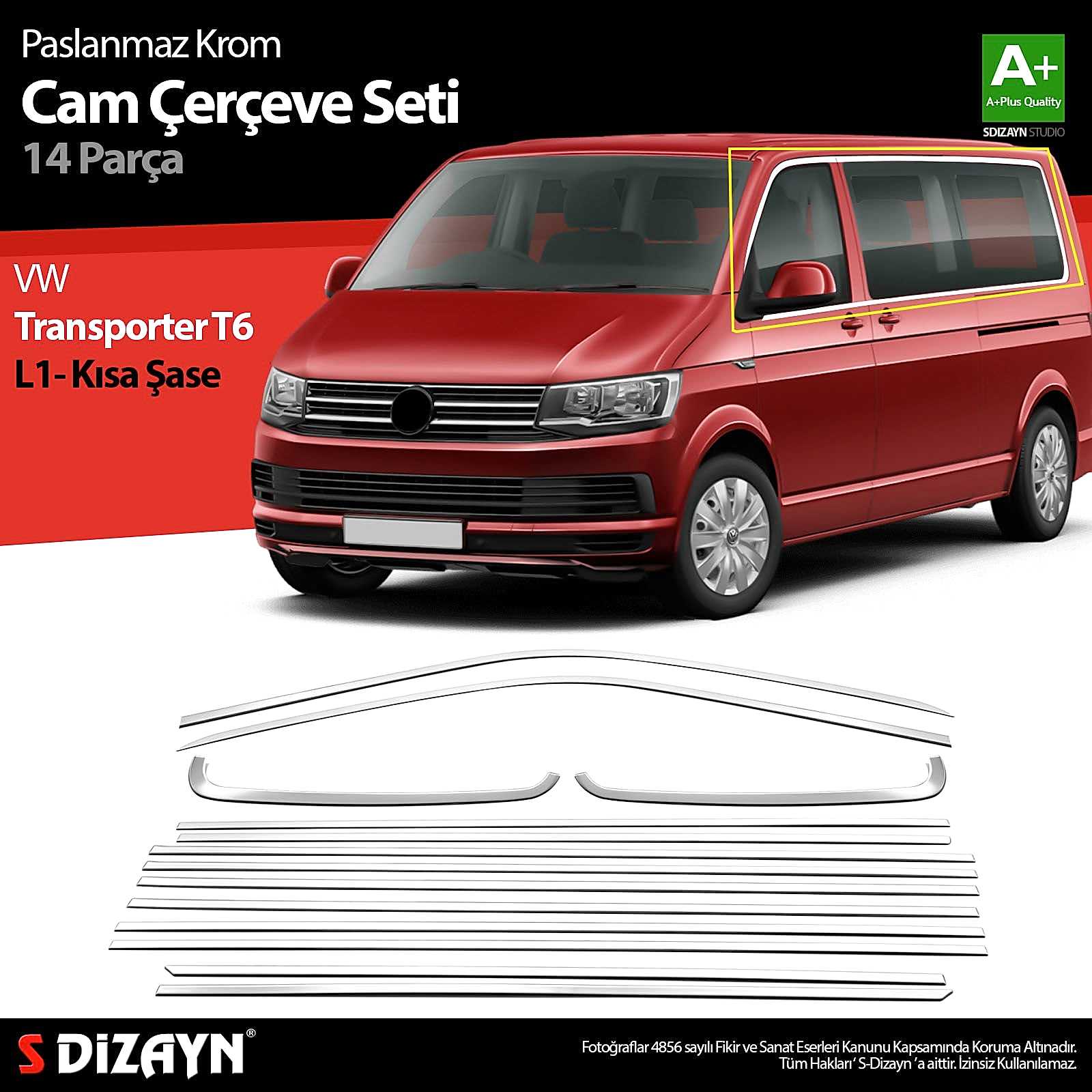 S-Dizayn VW Transporter T6 Kısa Şase Krom Cam Çerçeve Seti 2015-2024 Tek Sürgü