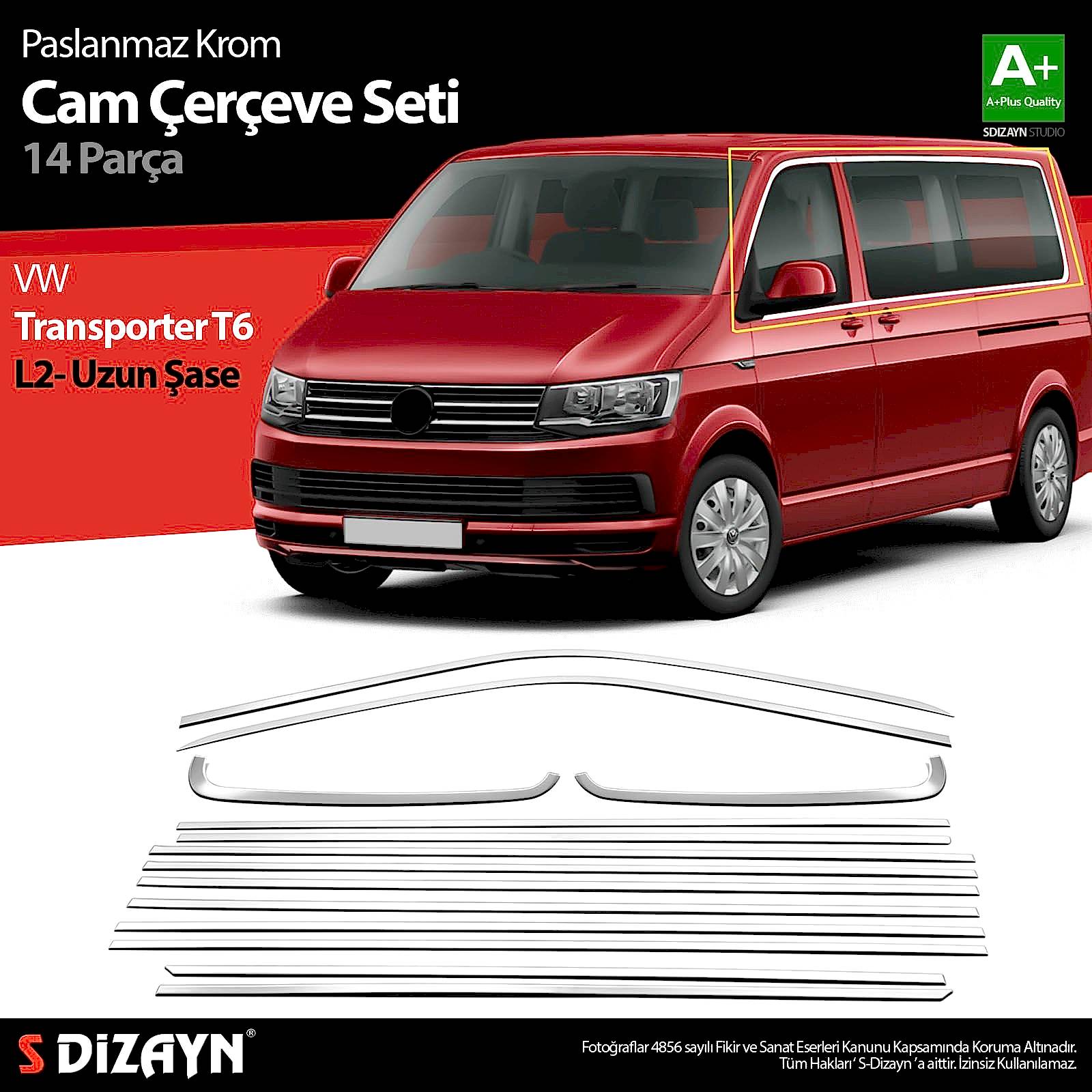 S-Dizayn VW Transporter T6 Uzun Şase Krom Cam Çerçeve Seti 2015-2024 Tek Sürgü