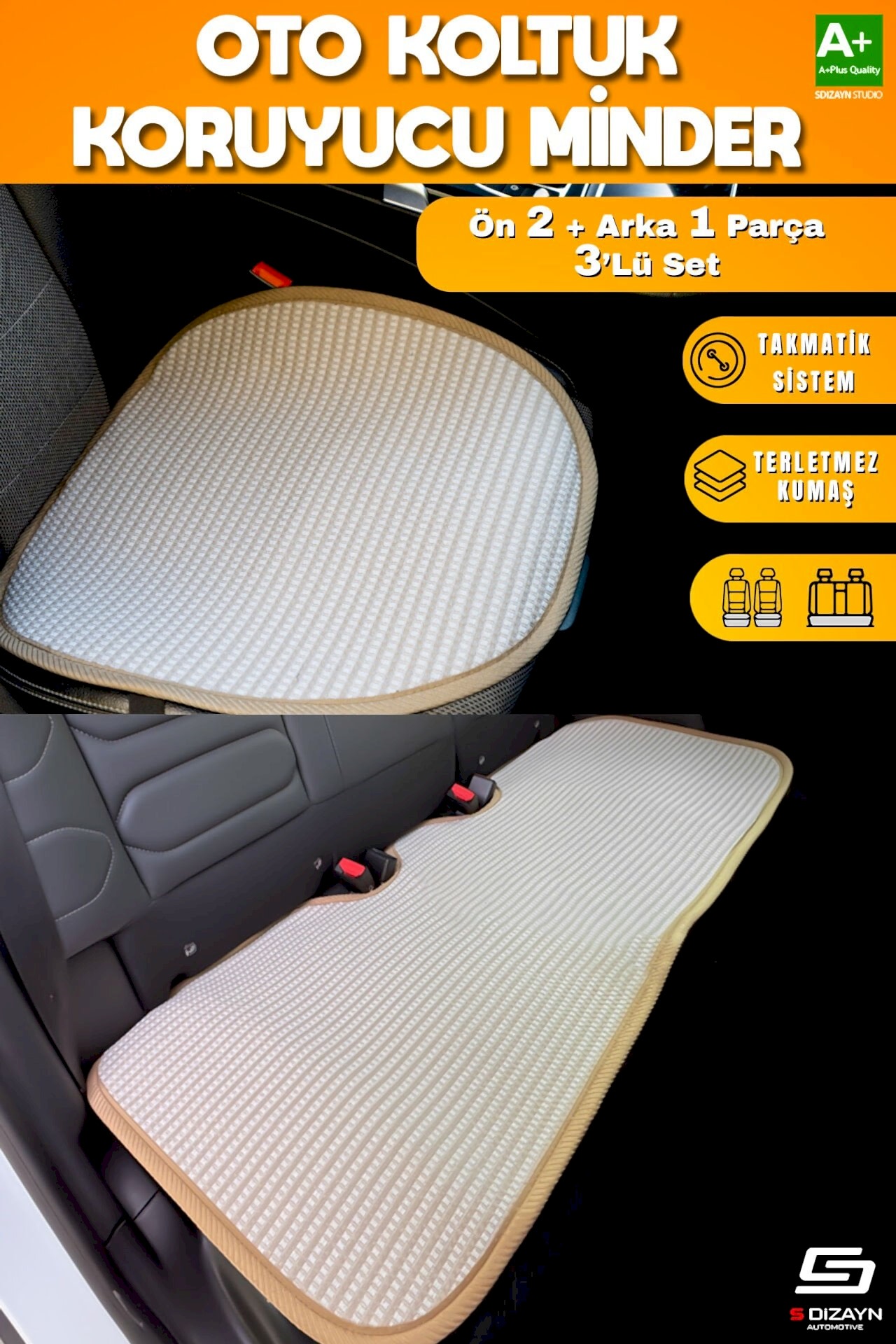 S-Dizayn Oto Koltuk Koruyucu Alt Minder Krem Universal 2+1 Parça Ön Arka A+ Kalite