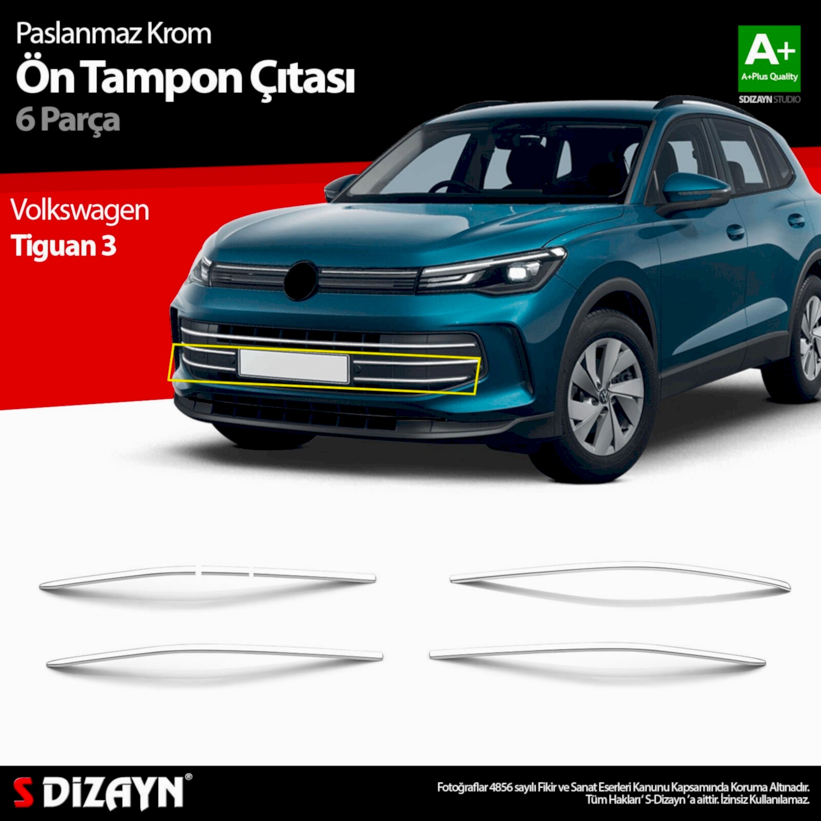 S-Dizayn VW Tiguan 3 Krom Ön Tampon Çıtası 6 Prç. 2024 Üzeri A+ Kalite